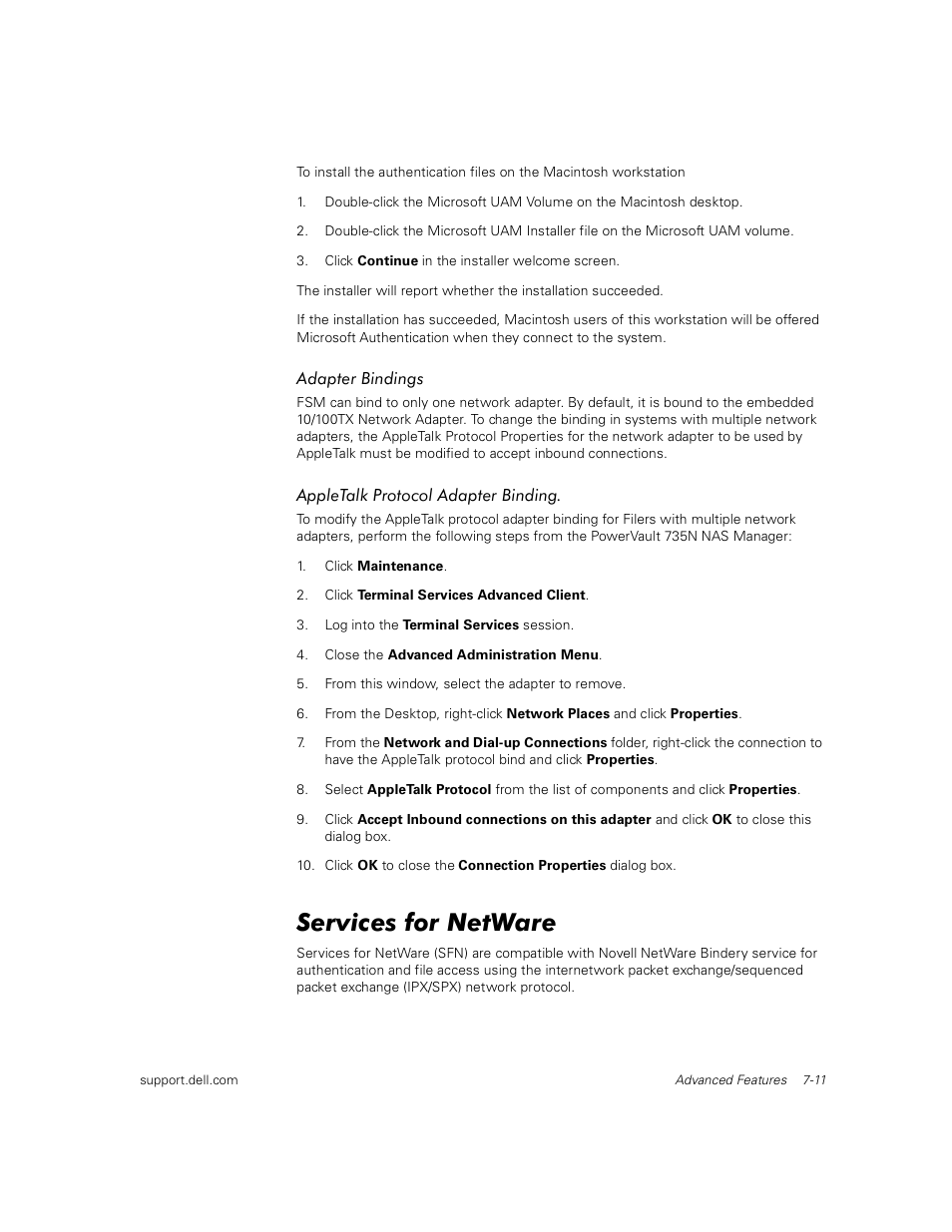 Adapter bindings, Appletalk protocol adapter binding, Services for netware | Dell PowerVault 735N (Rackmount NAS Appliance) User Manual | Page 71 / 92