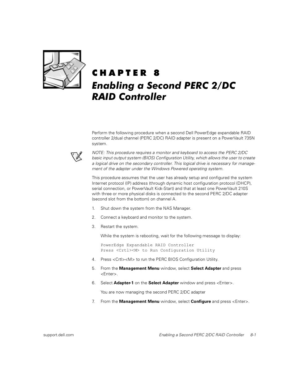 Enabling a second perc 2/dc raid controller, Chapter 8, Enabling a second perc 2/dc raid controller -1 | Dell PowerVault 735N (Rackmount NAS Appliance) User Manual | Page 79 / 92