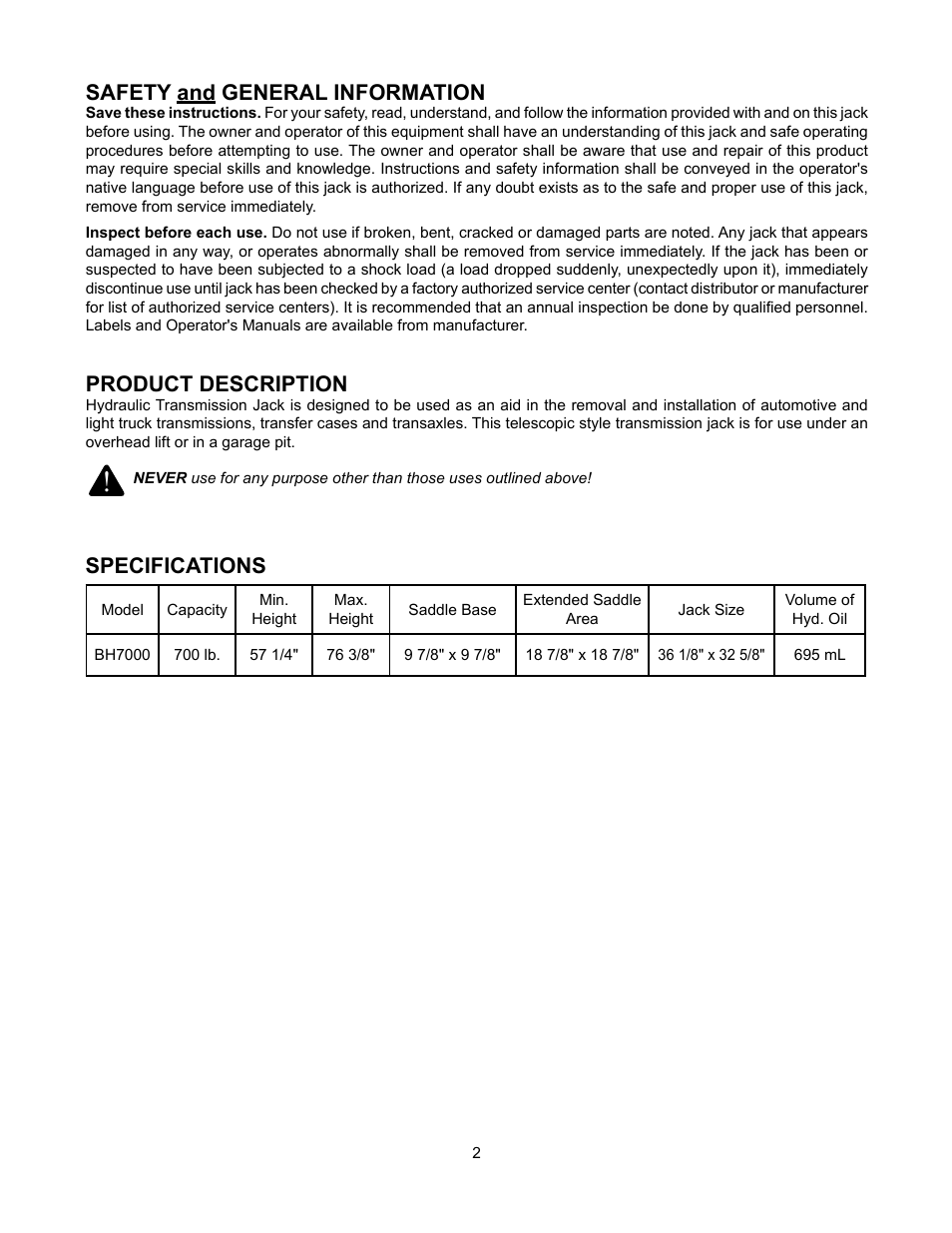 Safety and general information, Product description, Specifications | BLACKHAWK! BH7000 User Manual | Page 2 / 8