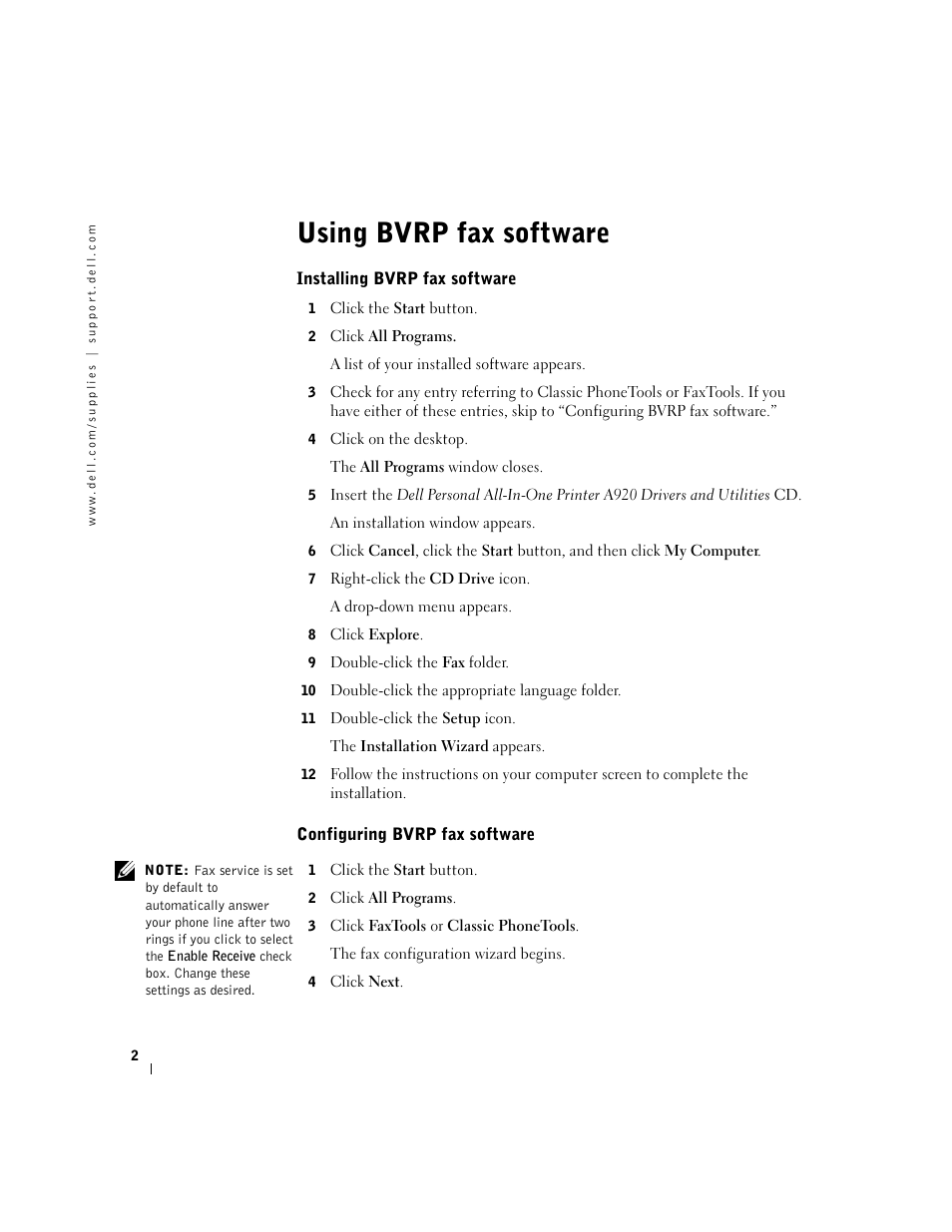 Using bvrp fax software | Dell A920 All In One Personal Printer User Manual | Page 2 / 8