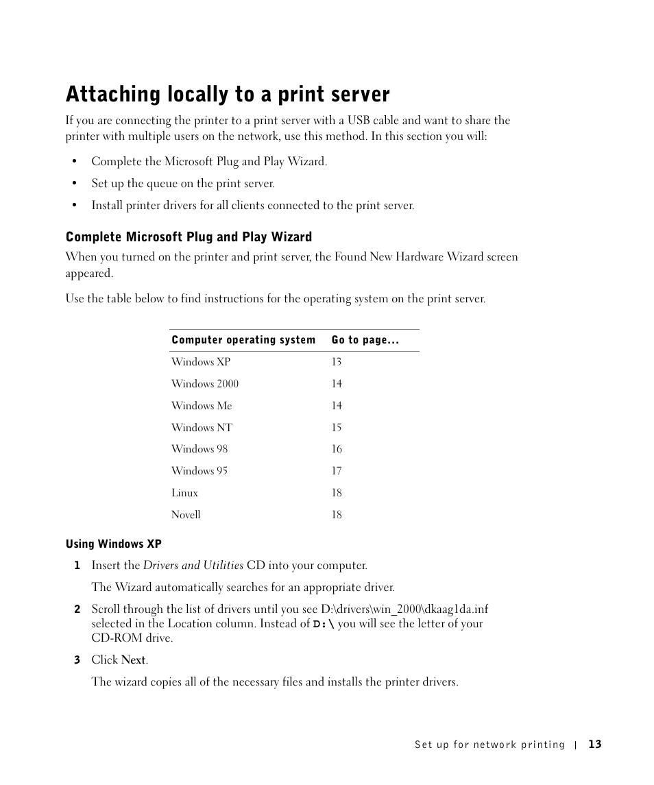 Attaching locally to a print server, Complete microsoft plug and play wizard | Dell M5200 Medium Workgroup Mono Laser Printer User Manual | Page 13 / 100