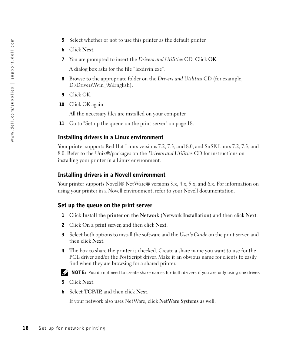 Installing drivers in a linux environment, Installing drivers in a novell environment, Set up the queue on the print server | Dell M5200 Medium Workgroup Mono Laser Printer User Manual | Page 18 / 100