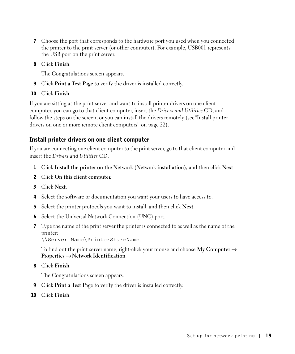 Install printer drivers on one client computer | Dell M5200 Medium Workgroup Mono Laser Printer User Manual | Page 19 / 100