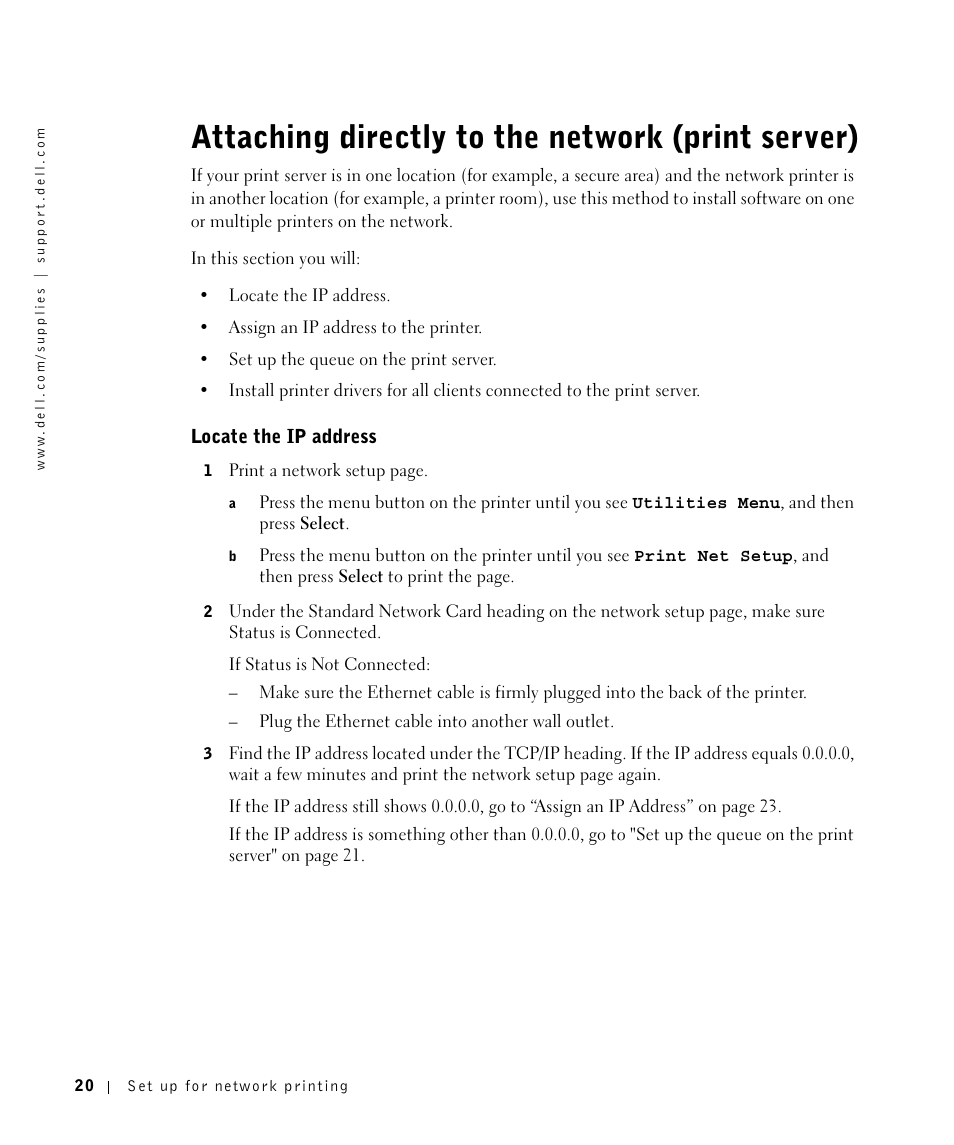 Attaching directly to the network (print server), Locate the ip address | Dell M5200 Medium Workgroup Mono Laser Printer User Manual | Page 20 / 100