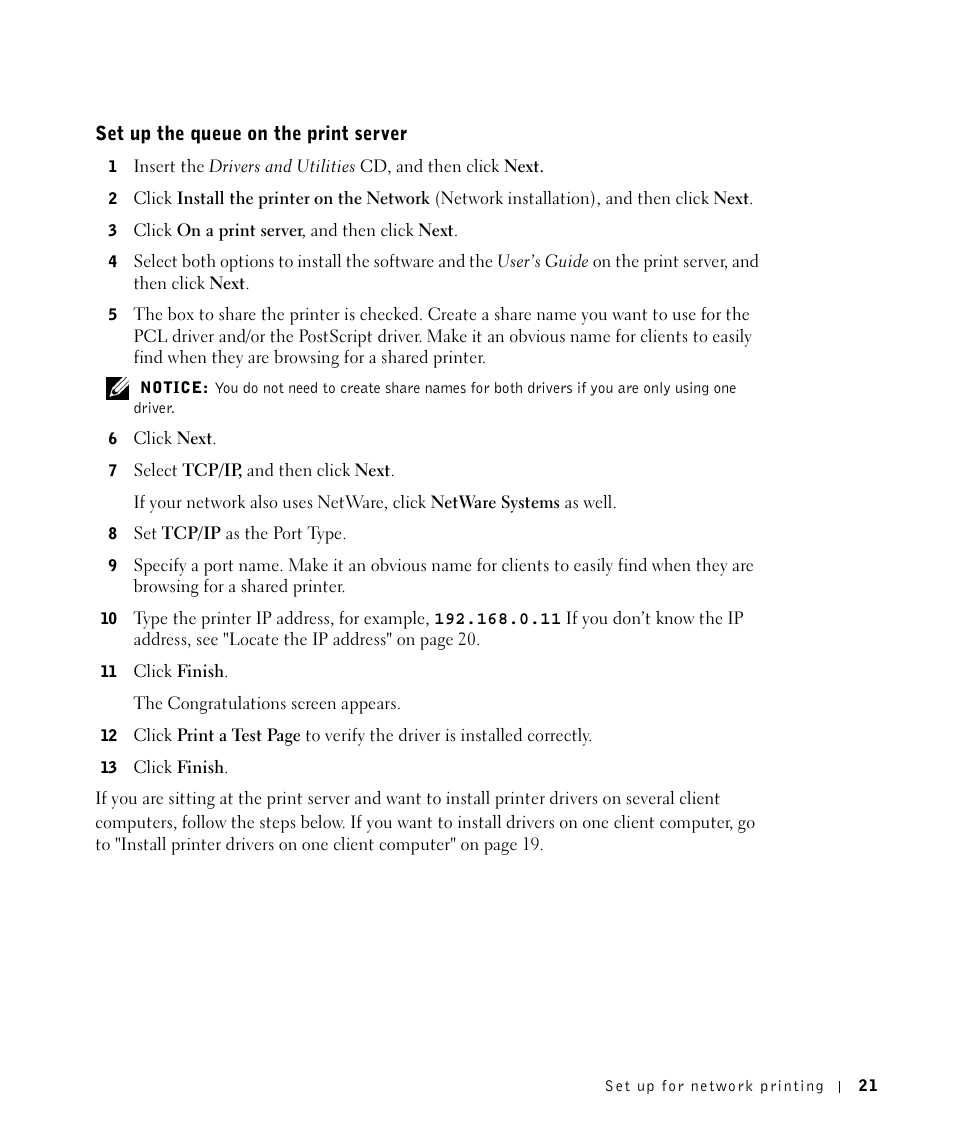 Set up the queue on the print server | Dell M5200 Medium Workgroup Mono Laser Printer User Manual | Page 21 / 100