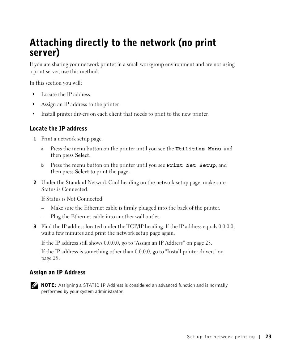 Locate the ip address, Assign an ip address | Dell M5200 Medium Workgroup Mono Laser Printer User Manual | Page 23 / 100