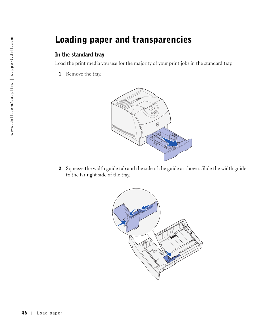 Loading paper and transparencies, In the standard tray | Dell M5200 Medium Workgroup Mono Laser Printer User Manual | Page 46 / 100