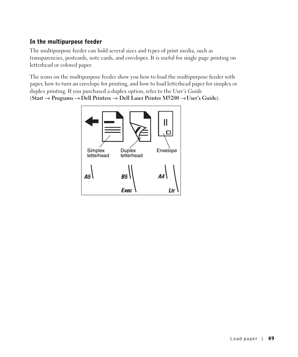 In the multipurpose feeder | Dell M5200 Medium Workgroup Mono Laser Printer User Manual | Page 49 / 100