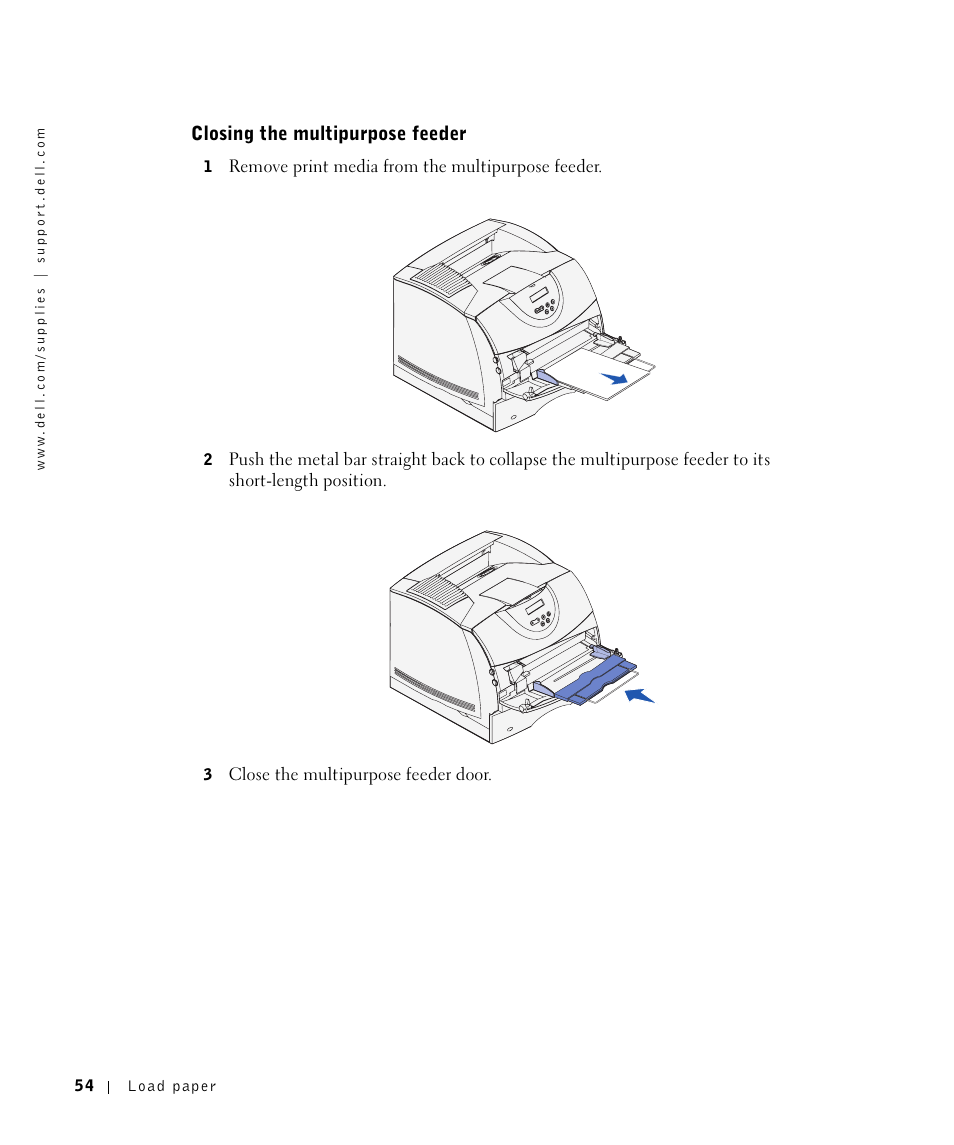 Closing the multipurpose feeder | Dell M5200 Medium Workgroup Mono Laser Printer User Manual | Page 54 / 100