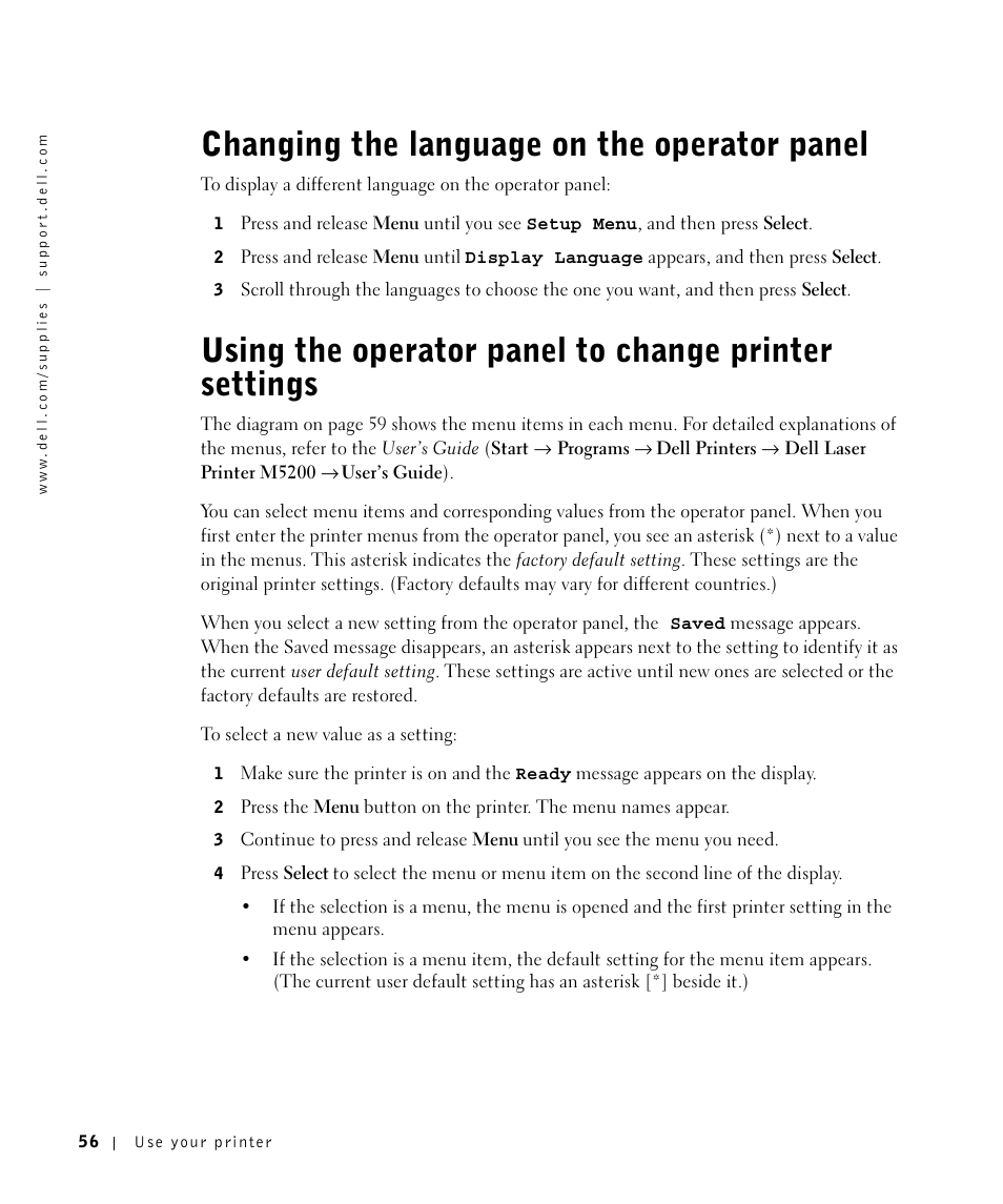 Changing the language on the operator panel | Dell M5200 Medium Workgroup Mono Laser Printer User Manual | Page 56 / 100