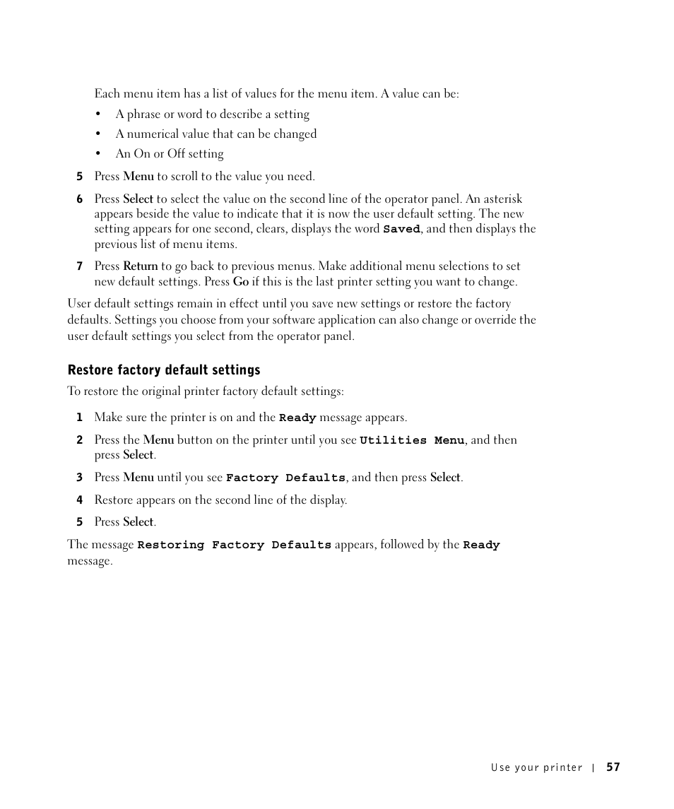 Restore factory default settings | Dell M5200 Medium Workgroup Mono Laser Printer User Manual | Page 57 / 100