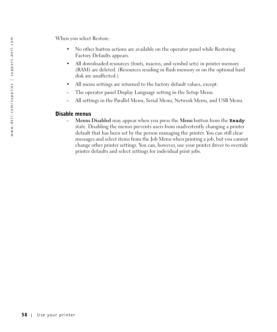 Disable menus | Dell M5200 Medium Workgroup Mono Laser Printer User Manual | Page 58 / 100