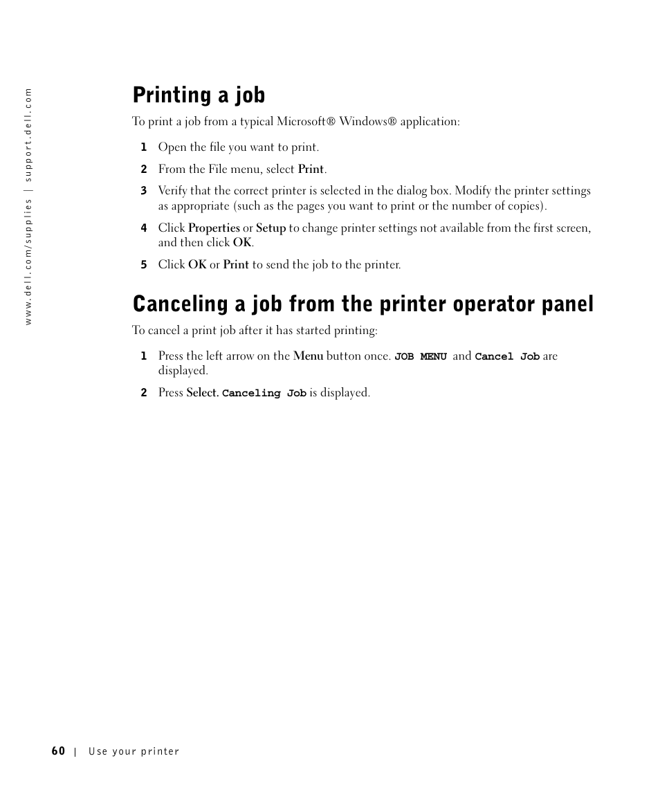 Printing a job, Canceling a job from the printer operator panel | Dell M5200 Medium Workgroup Mono Laser Printer User Manual | Page 60 / 100