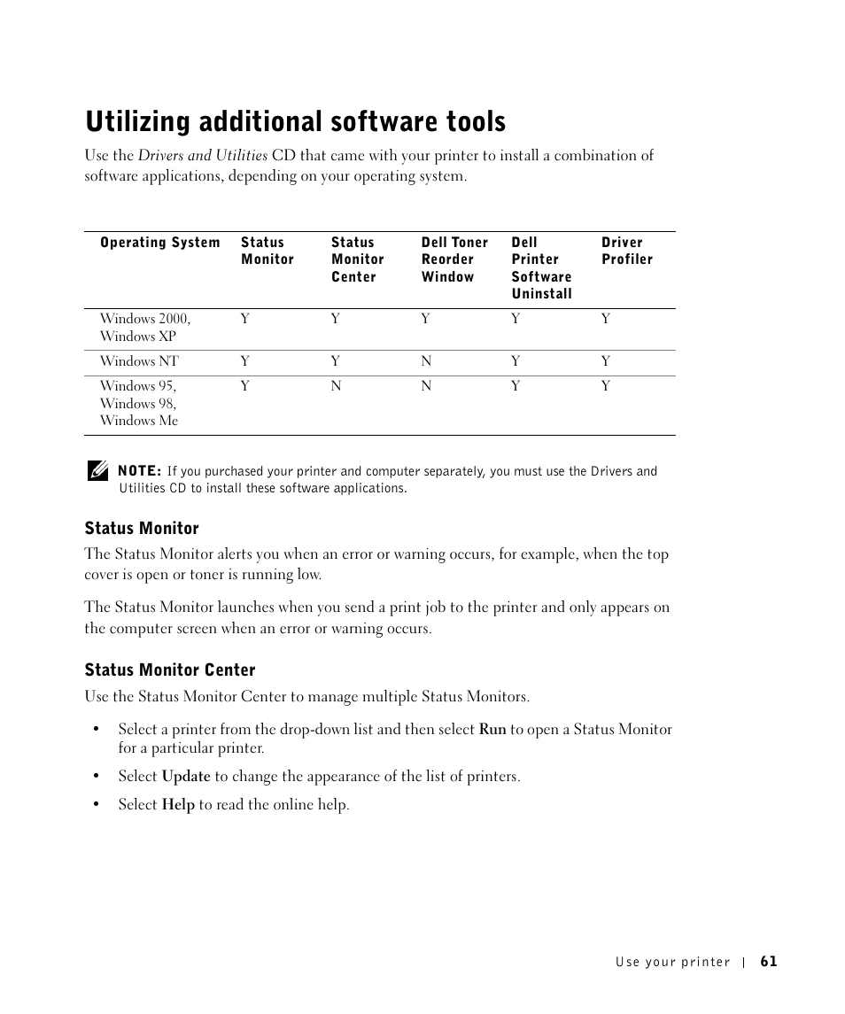 Utilizing additional software tools, Status monitor, Status monitor center | Dell M5200 Medium Workgroup Mono Laser Printer User Manual | Page 61 / 100