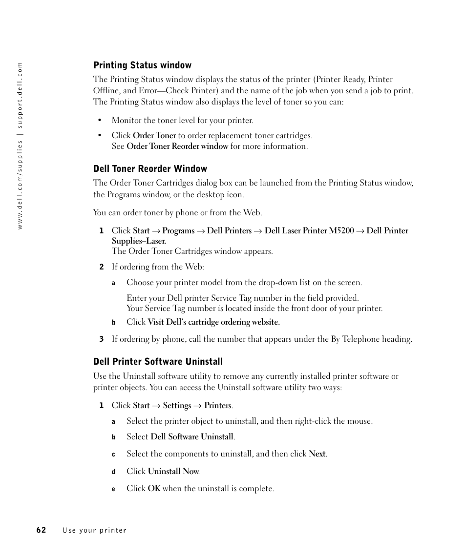 Printing status window, Dell toner reorder window, Dell printer software uninstall | Dell M5200 Medium Workgroup Mono Laser Printer User Manual | Page 62 / 100
