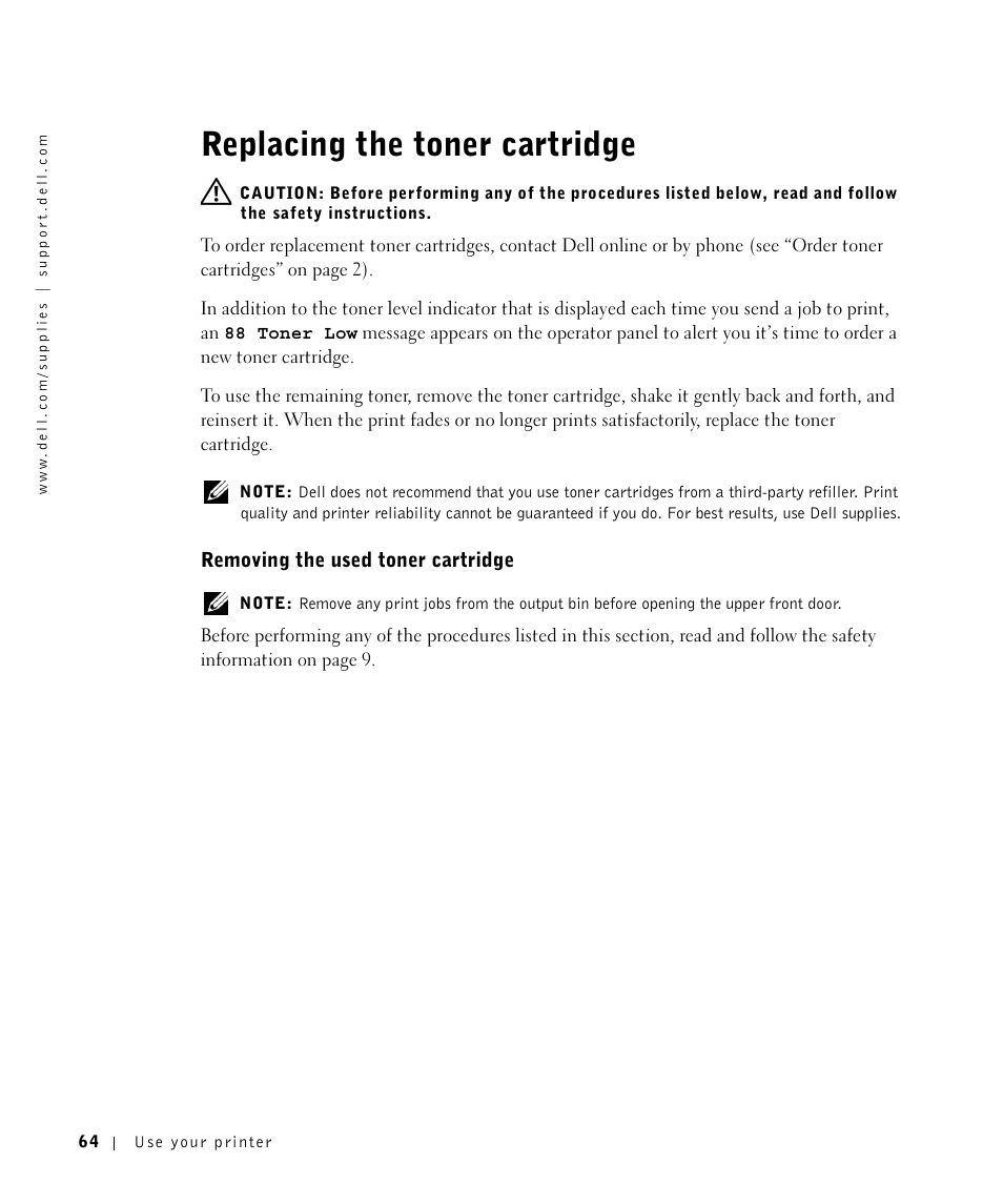 Replacing the toner cartridge, Removing the used toner cartridge | Dell M5200 Medium Workgroup Mono Laser Printer User Manual | Page 64 / 100