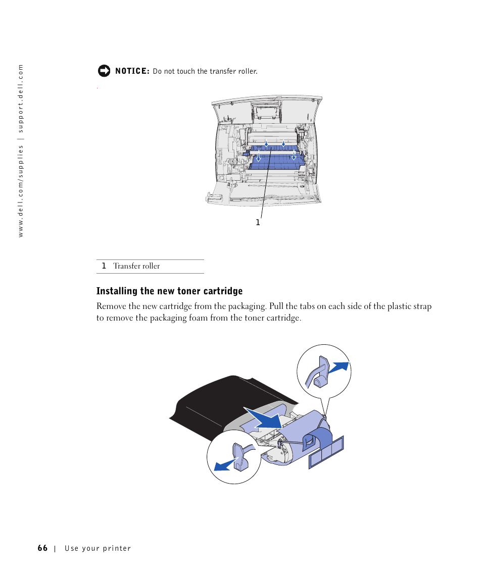 Installing the new toner cartridge | Dell M5200 Medium Workgroup Mono Laser Printer User Manual | Page 66 / 100