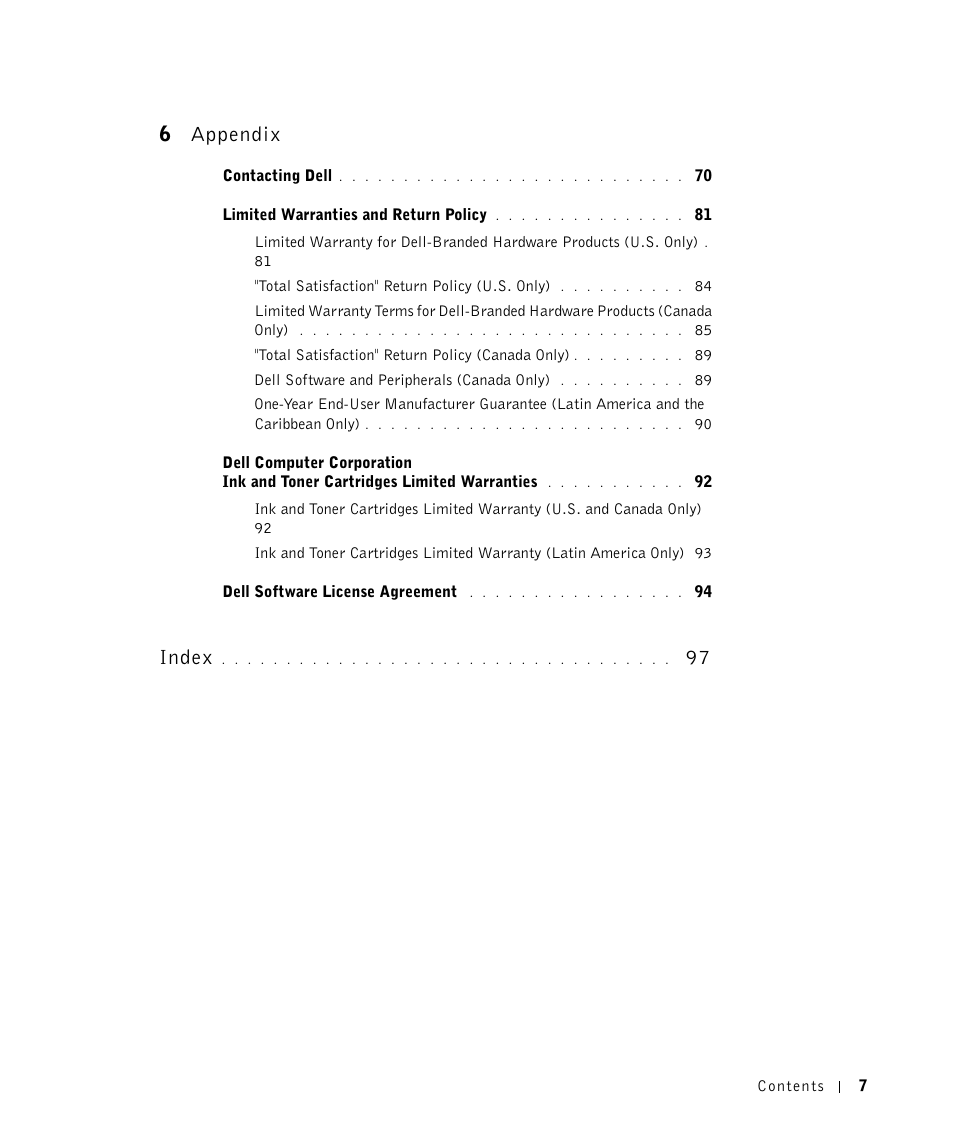 6appendix, Index | Dell M5200 Medium Workgroup Mono Laser Printer User Manual | Page 7 / 100