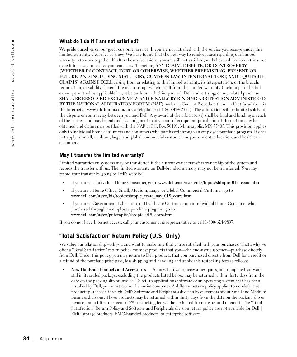 Total satisfaction" return policy (u.s. only) | Dell M5200 Medium Workgroup Mono Laser Printer User Manual | Page 84 / 100