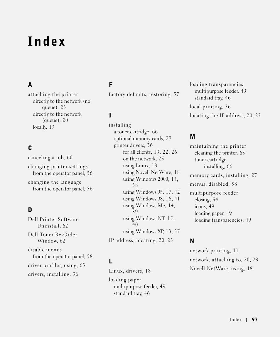 Index | Dell M5200 Medium Workgroup Mono Laser Printer User Manual | Page 97 / 100
