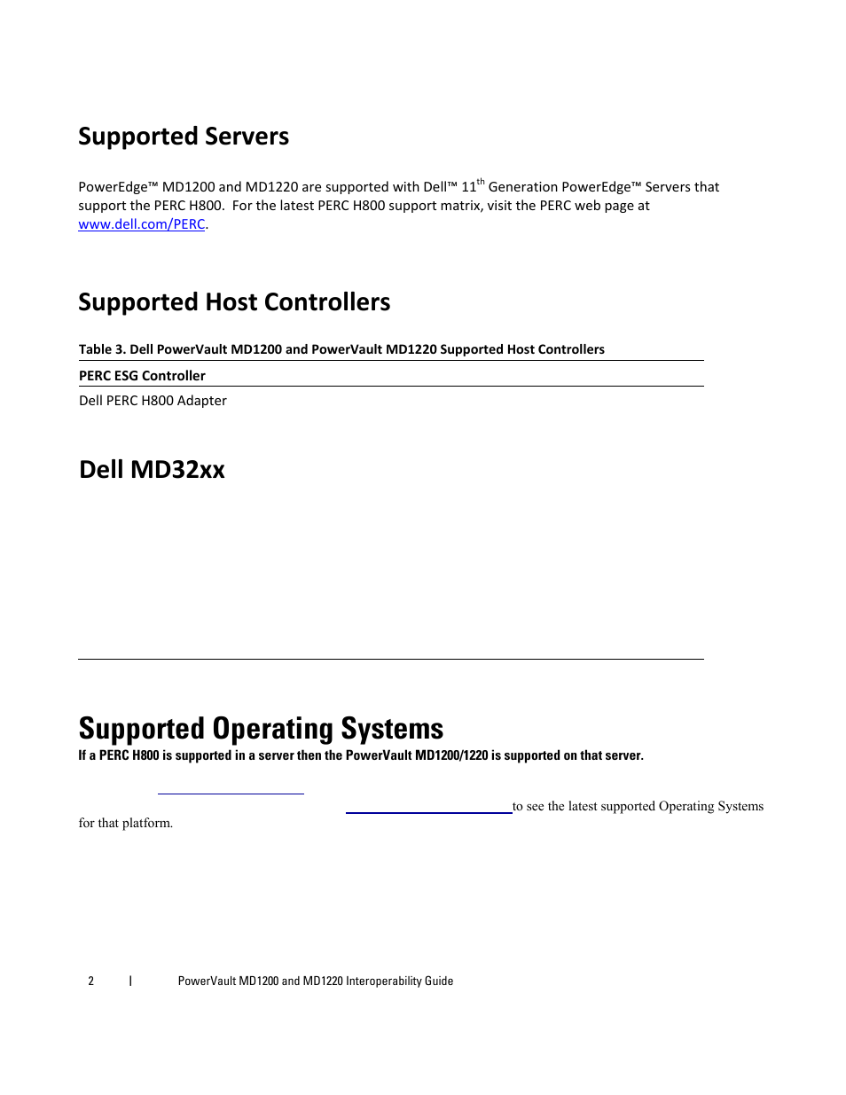 Supported operating systems, Supported servers, Supported host controllers | Dell md32xx | Dell PowerVault MD1200 User Manual | Page 2 / 6