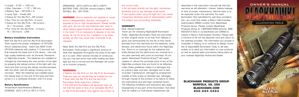 BLACKHAWK! ALLY PL3 User Manual | 2 pages