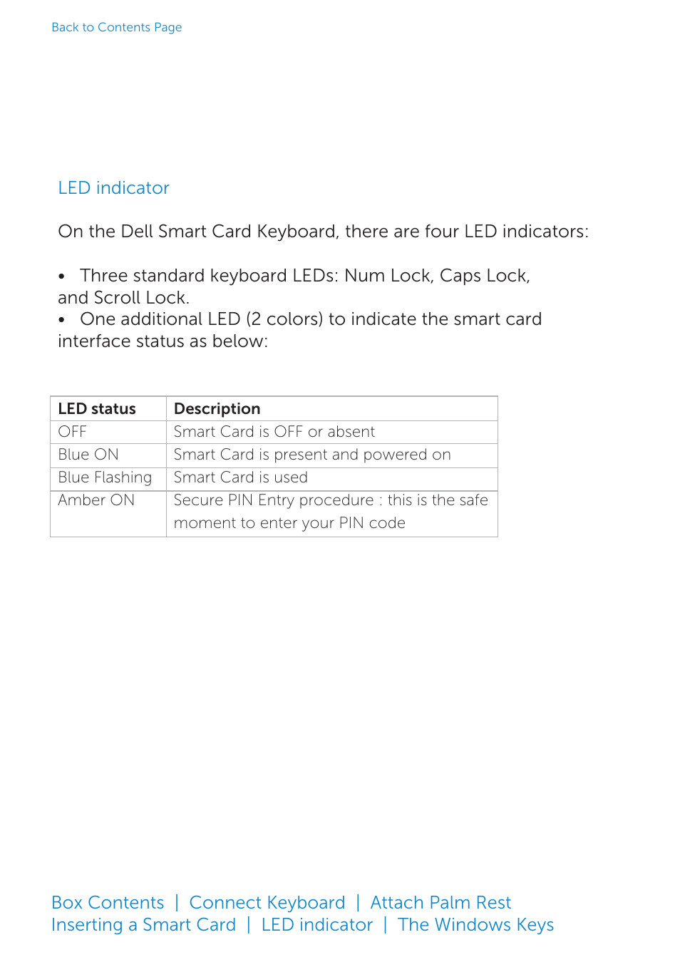 Led indicator, Indicator led should turn blue (see section | Dell Smartcard Keyboard KB813 User Manual | Page 34 / 46