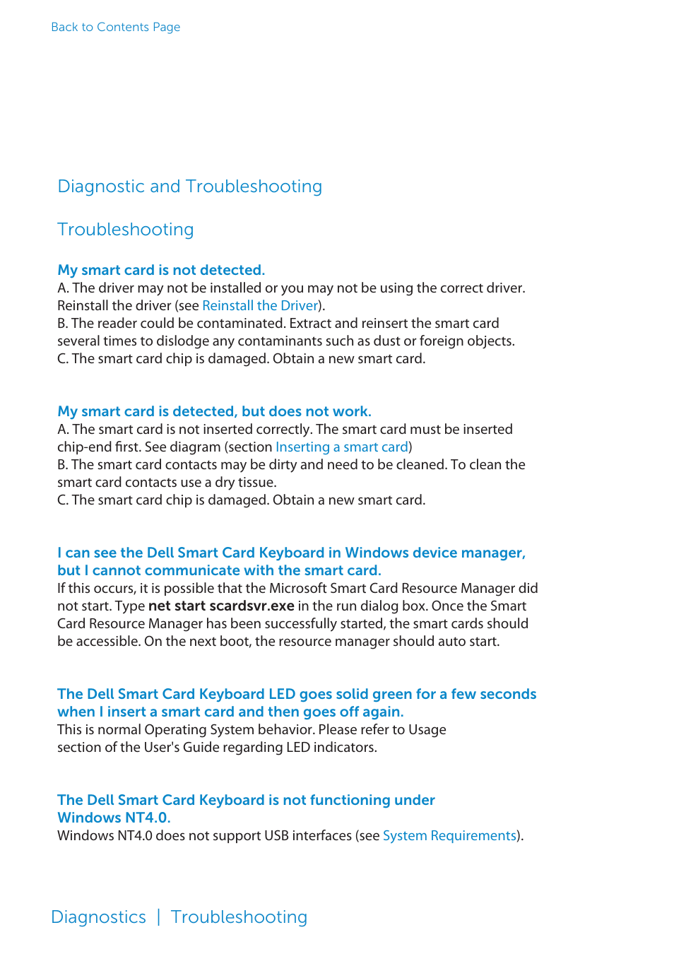 Diagnostic and troubleshooting / troubleshooting, Diagnostic and troubleshooting troubleshooting, Diagnostics | troubleshooting | Dell Smartcard Keyboard KB813 User Manual | Page 43 / 46