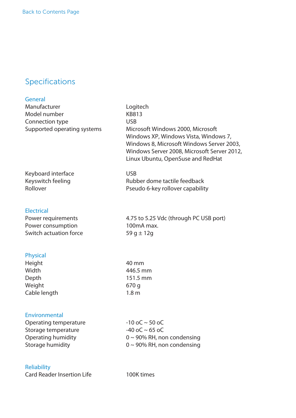 Speciﬁcations | Dell Smartcard Keyboard KB813 User Manual | Page 44 / 46