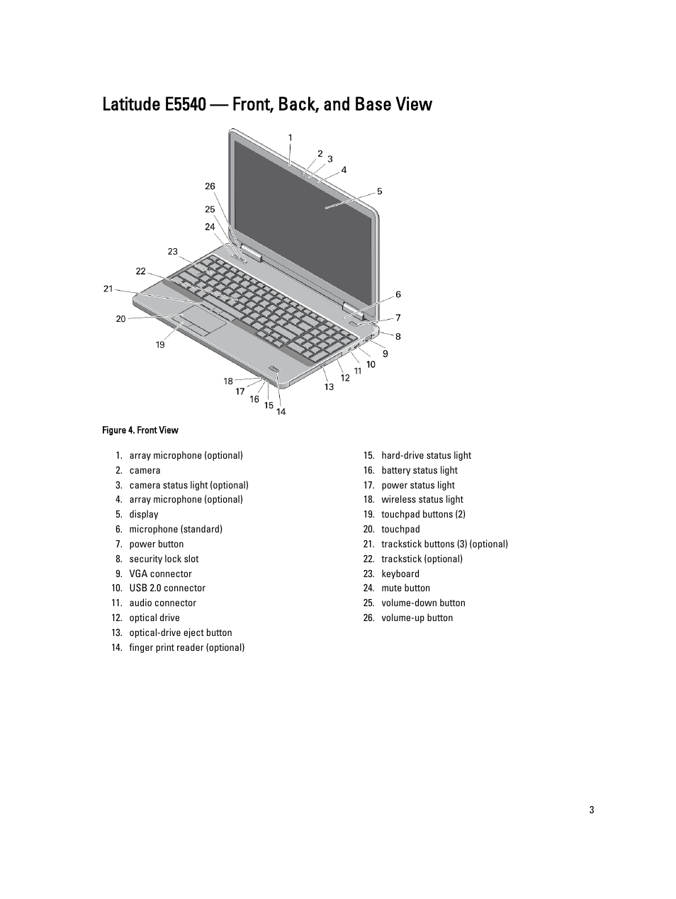 Latitude e5540 — front, back, and base view | Dell Latitude E5540 (Late 2013) User Manual | Page 3 / 7