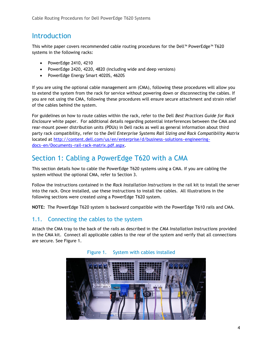 Introduction, Section 1: cabling a poweredge t620 with a cma, Connecting the cables to the system | Figure 1, System with cables installed | Dell PowerEdge Rack Enclosure 2410 User Manual | Page 4 / 7