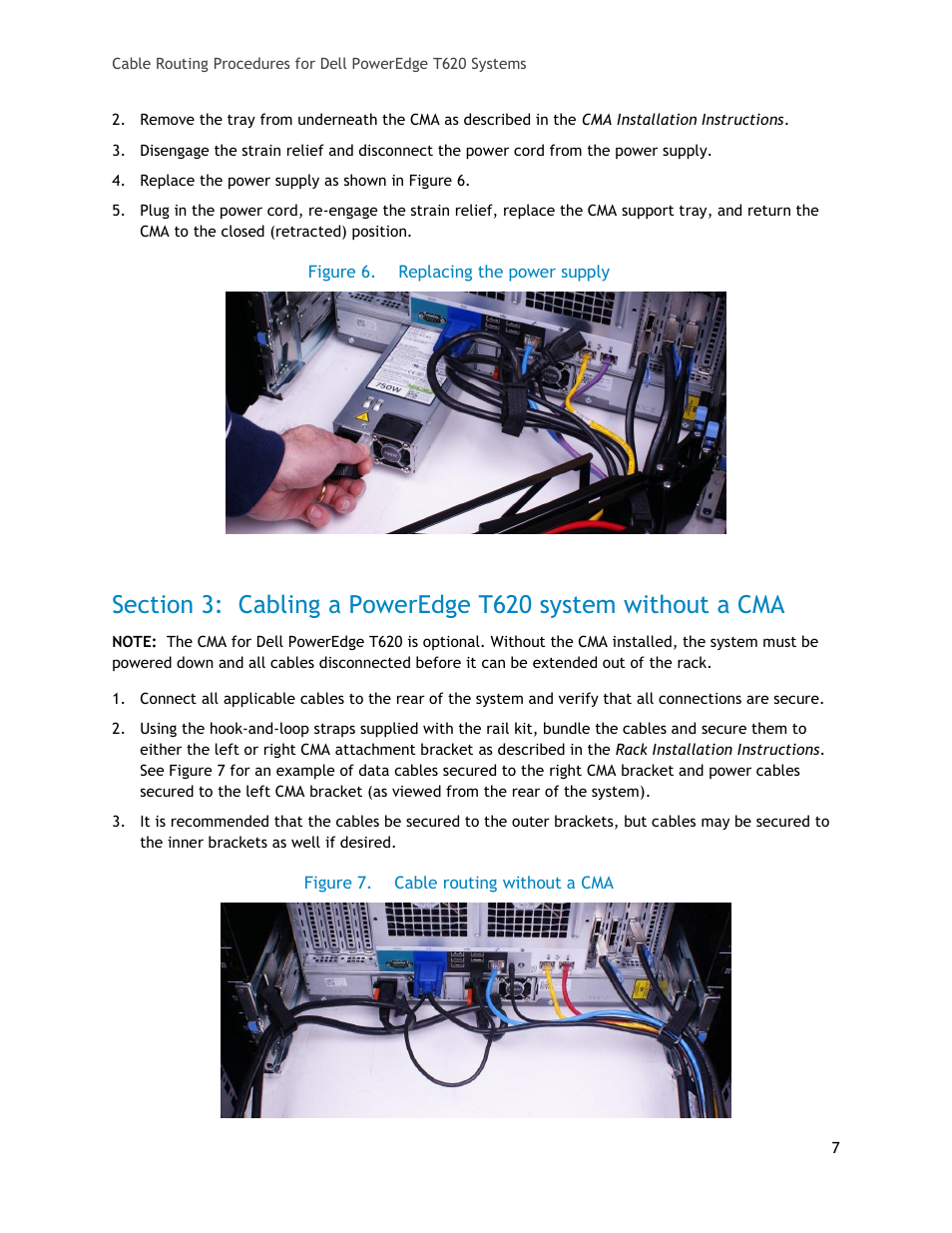 Figure 6, Replacing the power supply, Figure 7 | Cable routing without a cma | Dell PowerEdge Rack Enclosure 2410 User Manual | Page 7 / 7