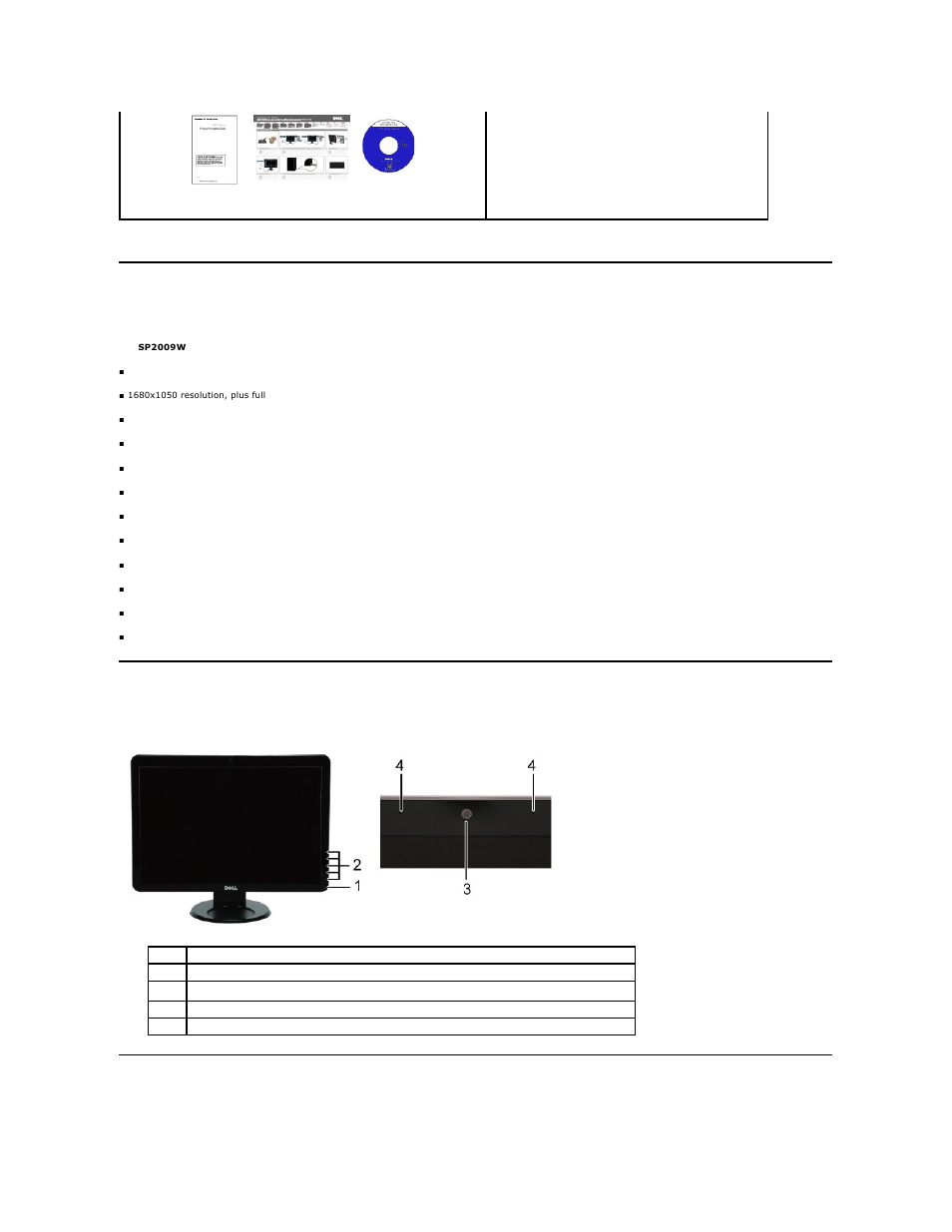 Product features, Identifying parts and controls | Dell SP2009WFP Monitor User Manual | Page 3 / 34