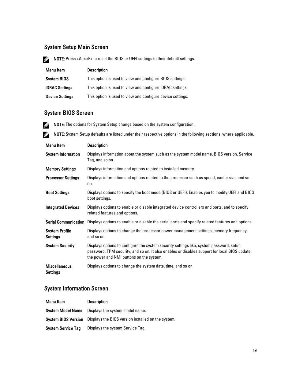 System setup main screen, System bios screen, System information screen | Dell PowerVault DX6112 User Manual | Page 19 / 125