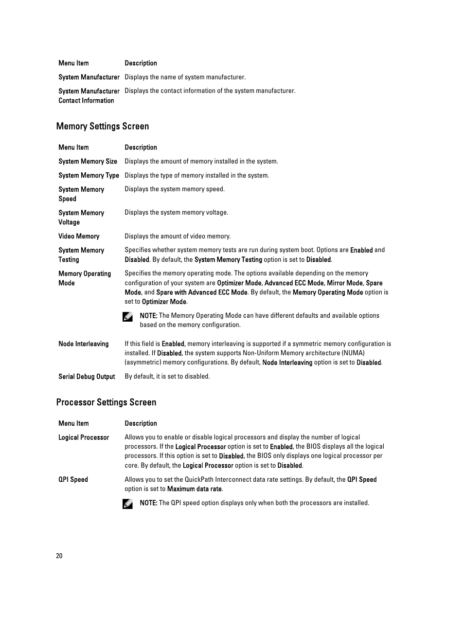 Memory settings screen, Processor settings screen | Dell PowerVault DX6112 User Manual | Page 20 / 125