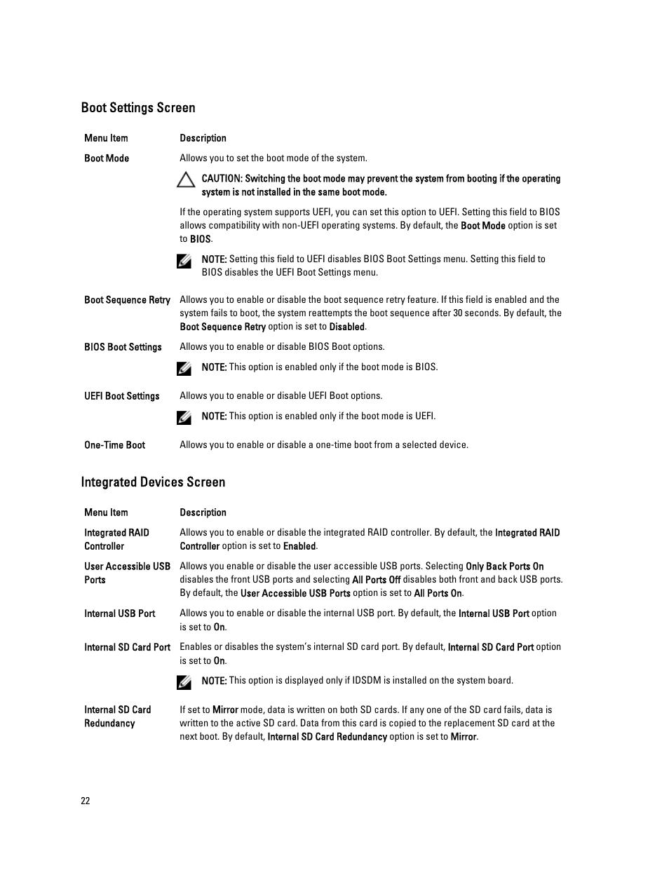 Boot settings screen, Integrated devices screen | Dell PowerVault DX6112 User Manual | Page 22 / 125