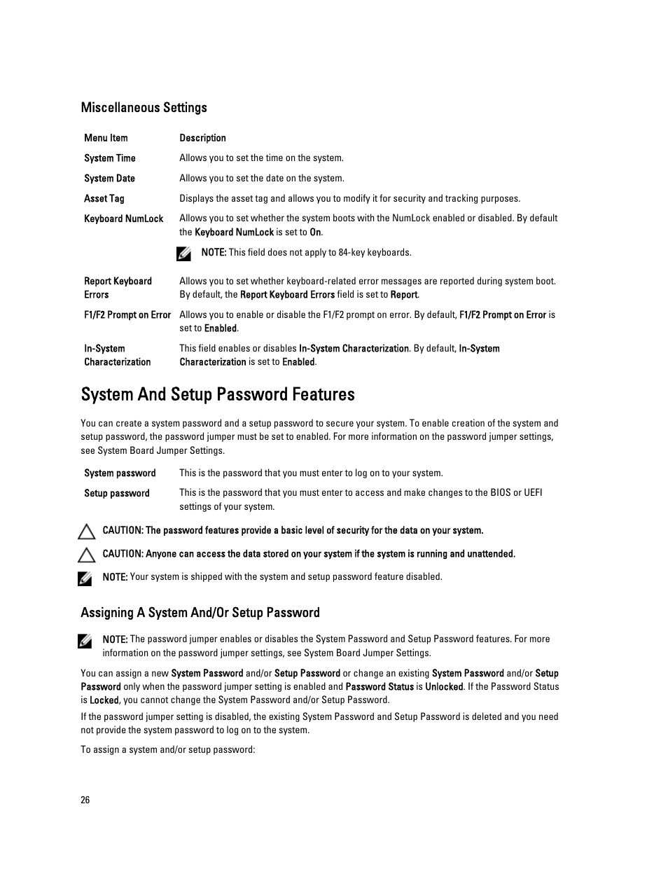 Miscellaneous settings, System and setup password features, Assigning a system and/or setup password | Dell PowerVault DX6112 User Manual | Page 26 / 125