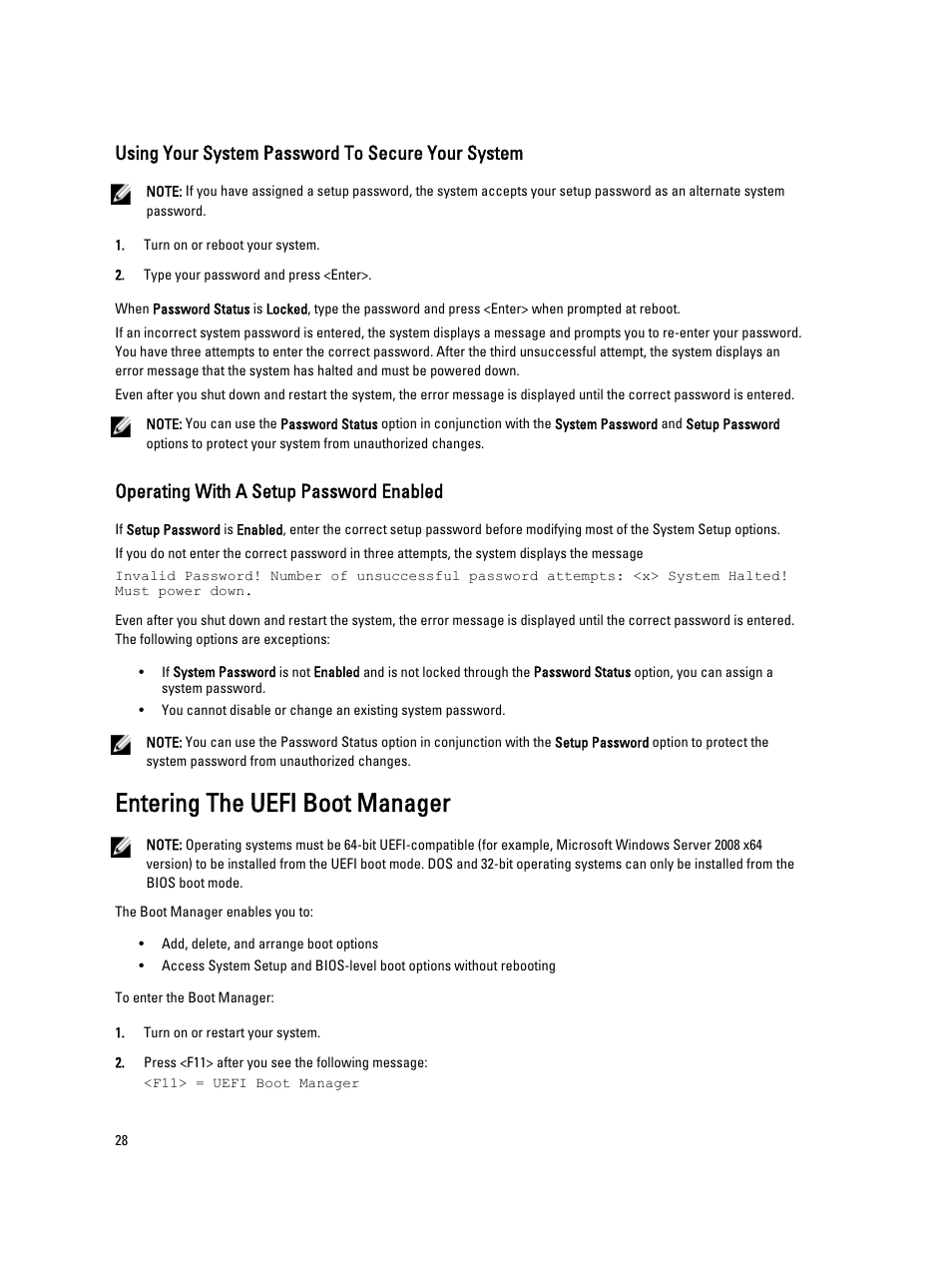 Using your system password to secure your system, Operating with a setup password enabled, Entering the uefi boot manager | Dell PowerVault DX6112 User Manual | Page 28 / 125