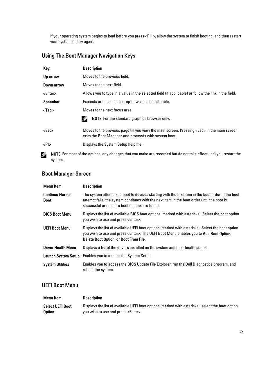 Using the boot manager navigation keys, Boot manager screen, Uefi boot menu | Dell PowerVault DX6112 User Manual | Page 29 / 125