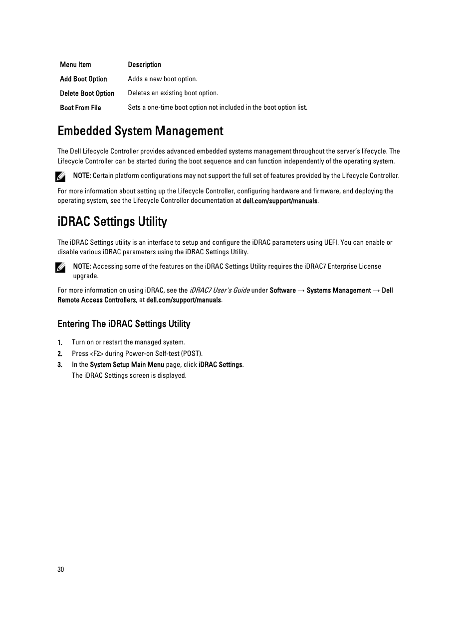 Embedded system management, Idrac settings utility, Entering the idrac settings utility | Dell PowerVault DX6112 User Manual | Page 30 / 125