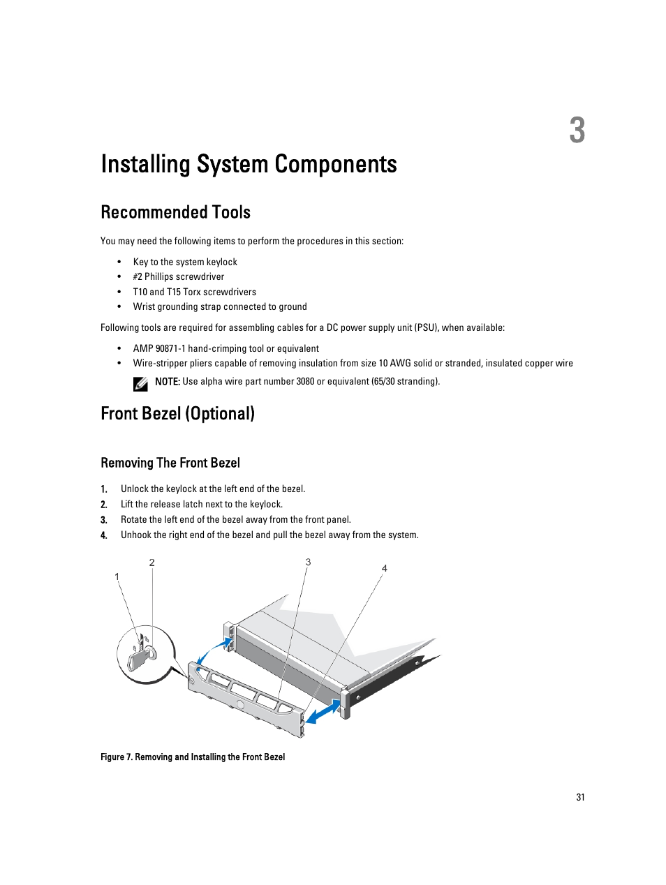Installing system components, Recommended tools, Front bezel (optional) | Removing the front bezel, 3 installing system components | Dell PowerVault DX6112 User Manual | Page 31 / 125