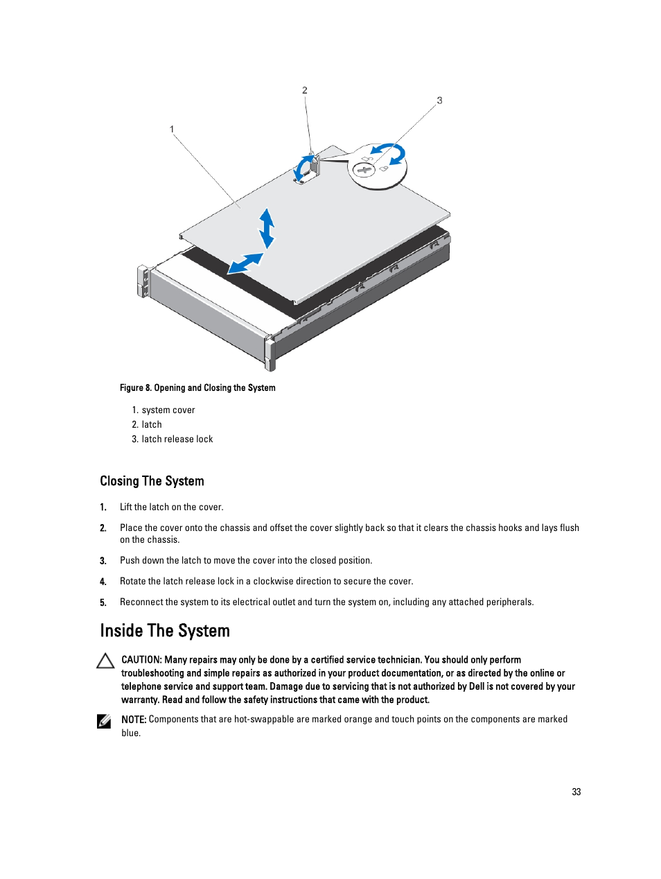 Closing the system, Inside the system | Dell PowerVault DX6112 User Manual | Page 33 / 125