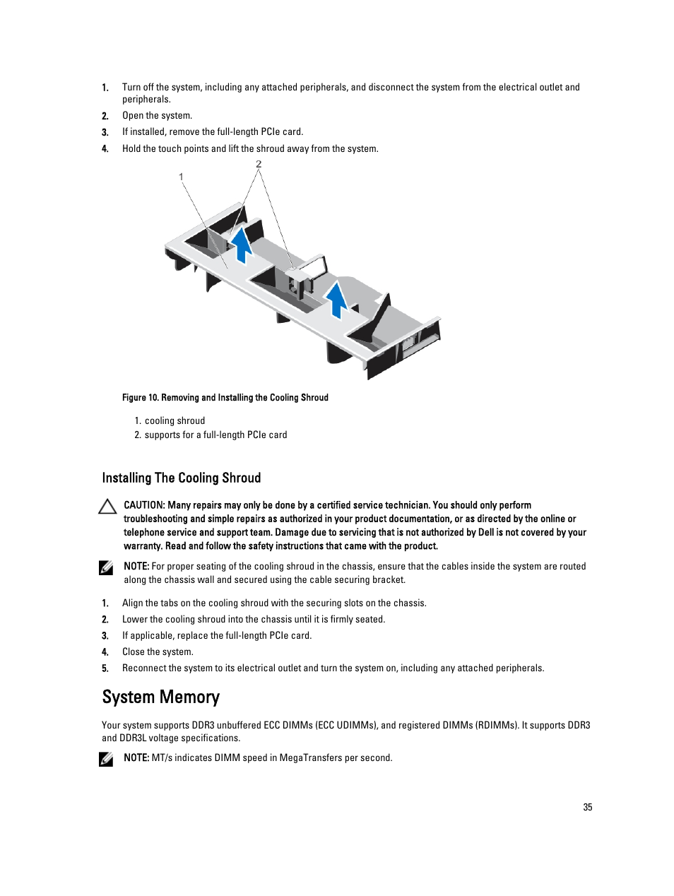 Installing the cooling shroud, System memory | Dell PowerVault DX6112 User Manual | Page 35 / 125