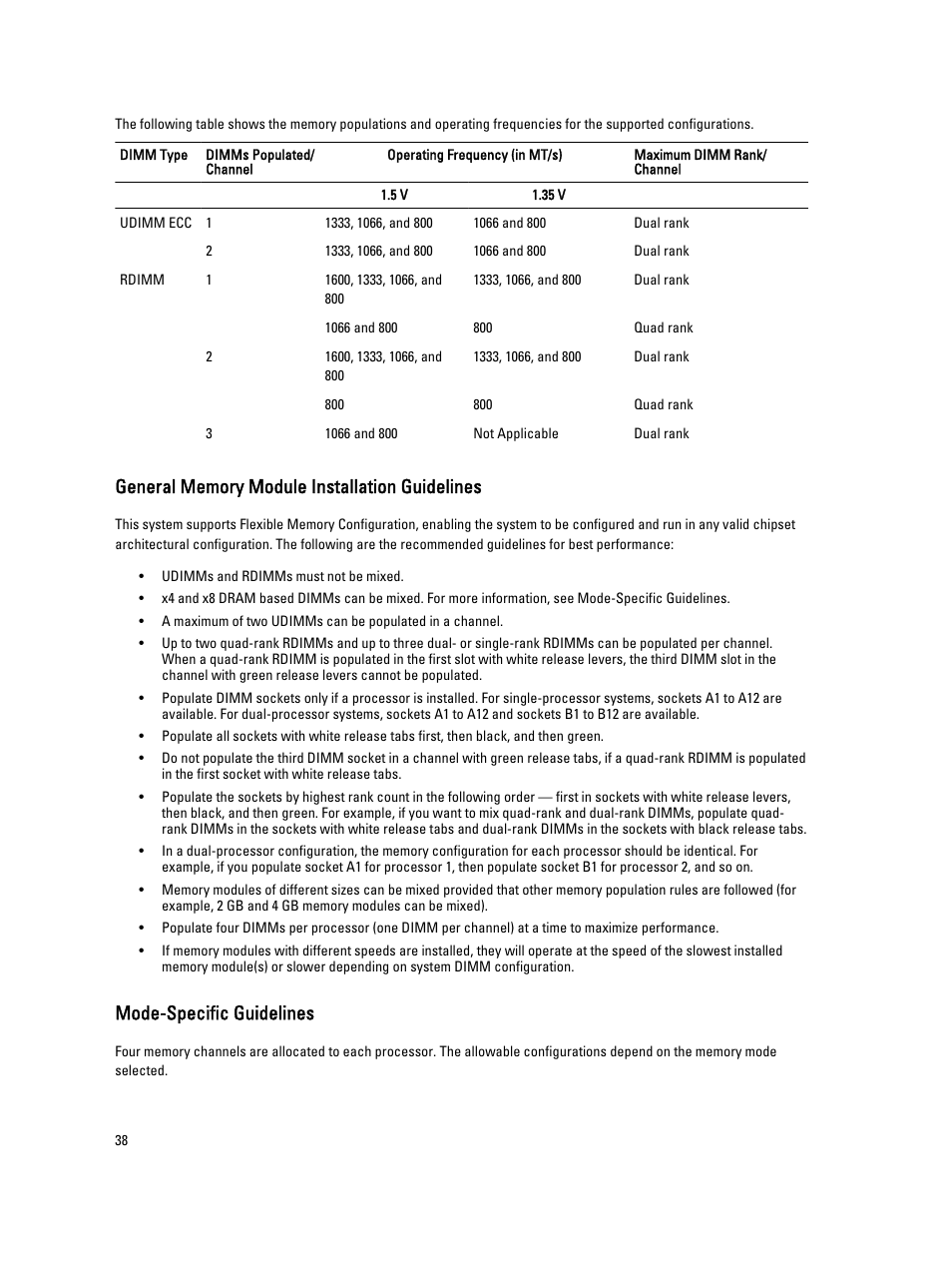 General memory module installation guidelines, Mode-specific guidelines | Dell PowerVault DX6112 User Manual | Page 38 / 125