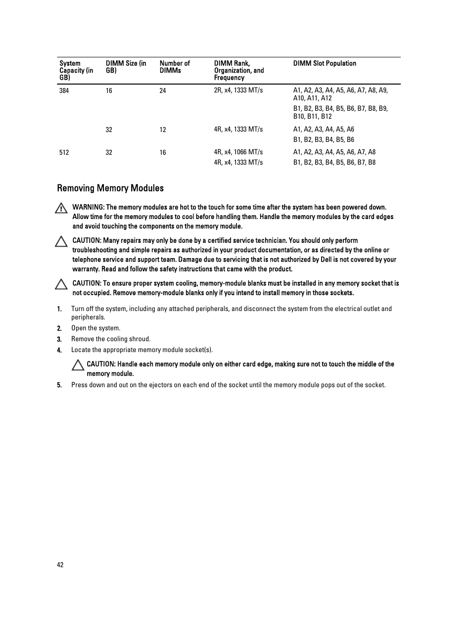 Removing memory modules | Dell PowerVault DX6112 User Manual | Page 42 / 125