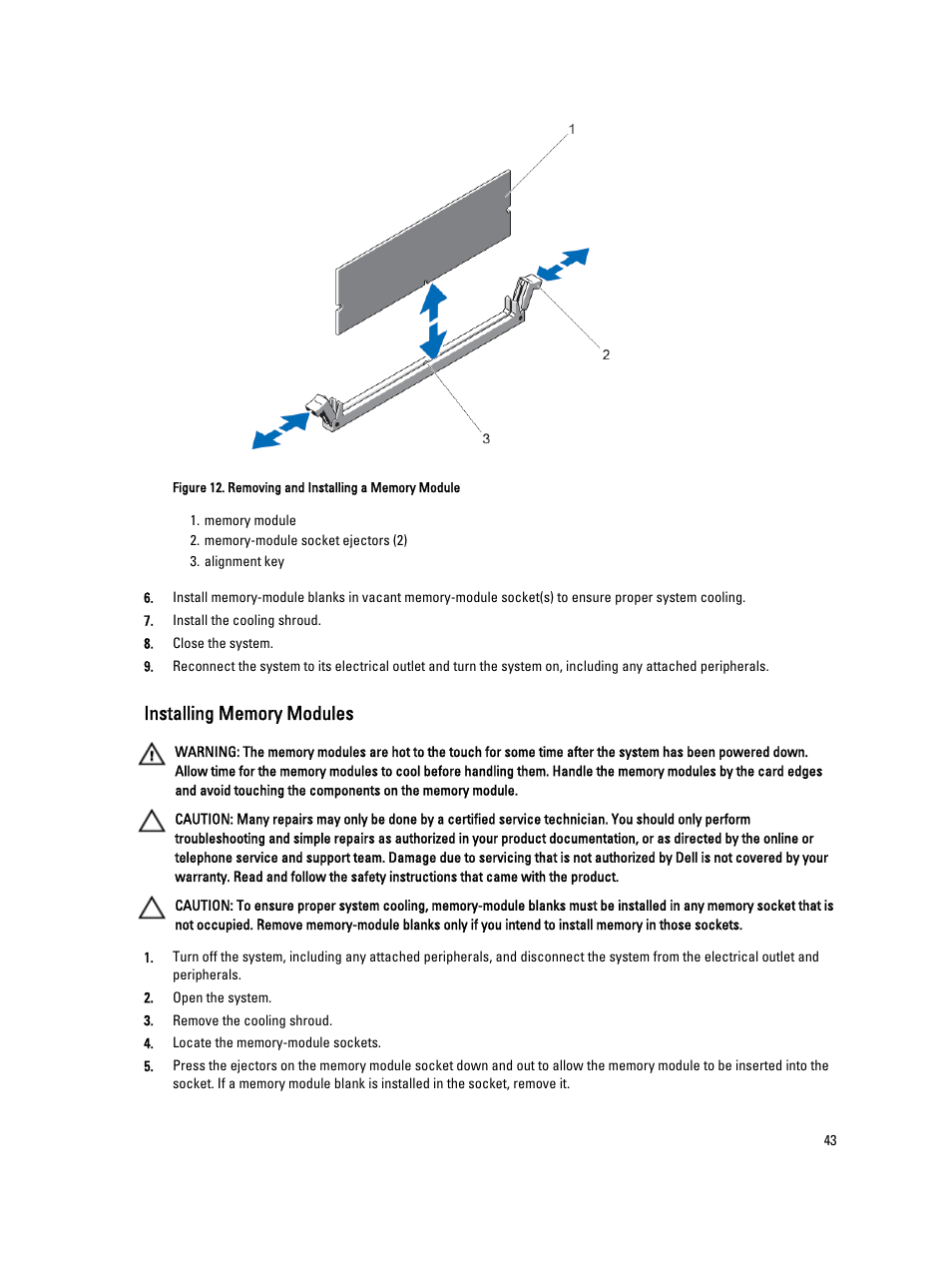 Installing memory modules | Dell PowerVault DX6112 User Manual | Page 43 / 125