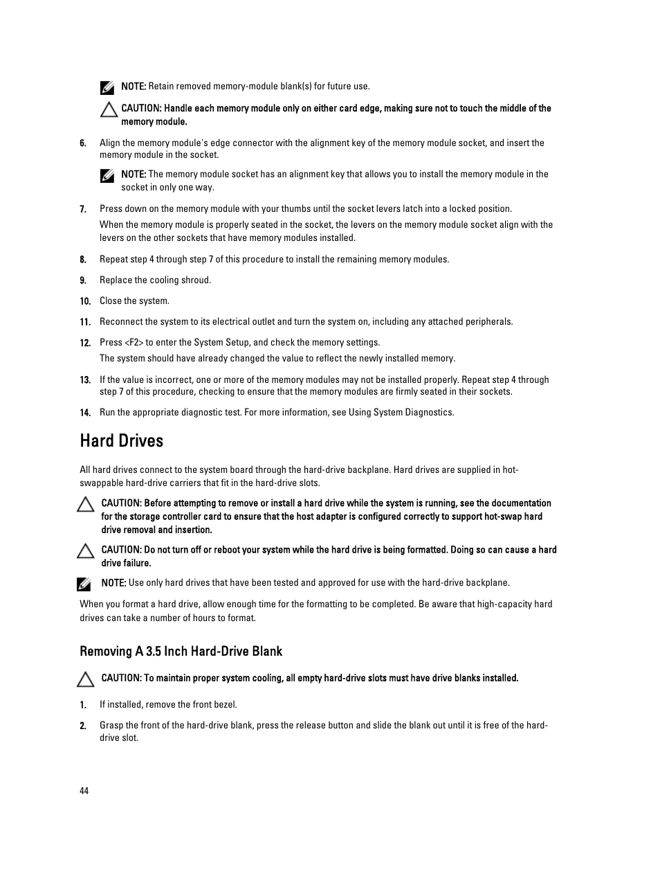 Hard drives, Removing a 3.5 inch hard-drive blank | Dell PowerVault DX6112 User Manual | Page 44 / 125