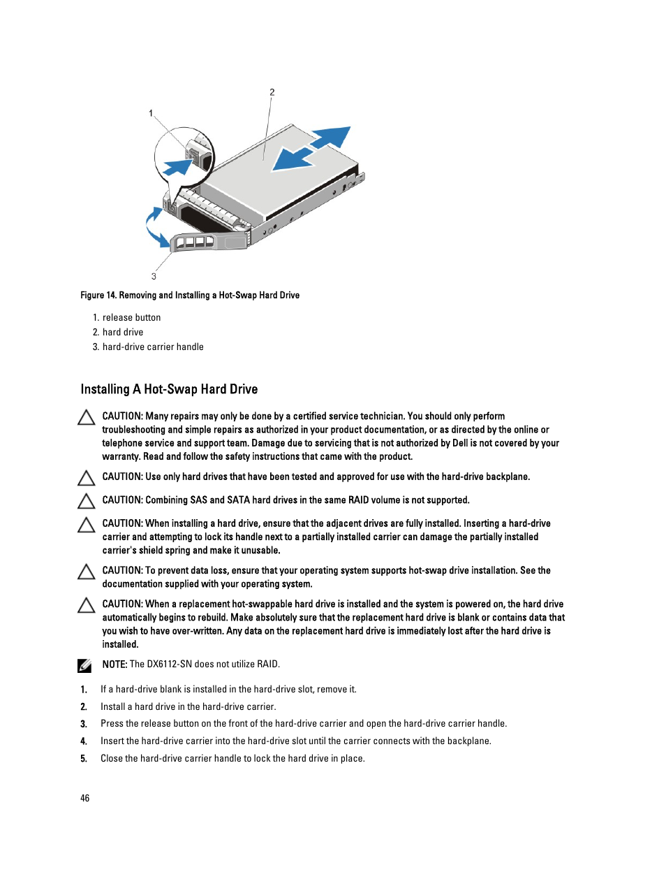 Installing a hot-swap hard drive | Dell PowerVault DX6112 User Manual | Page 46 / 125