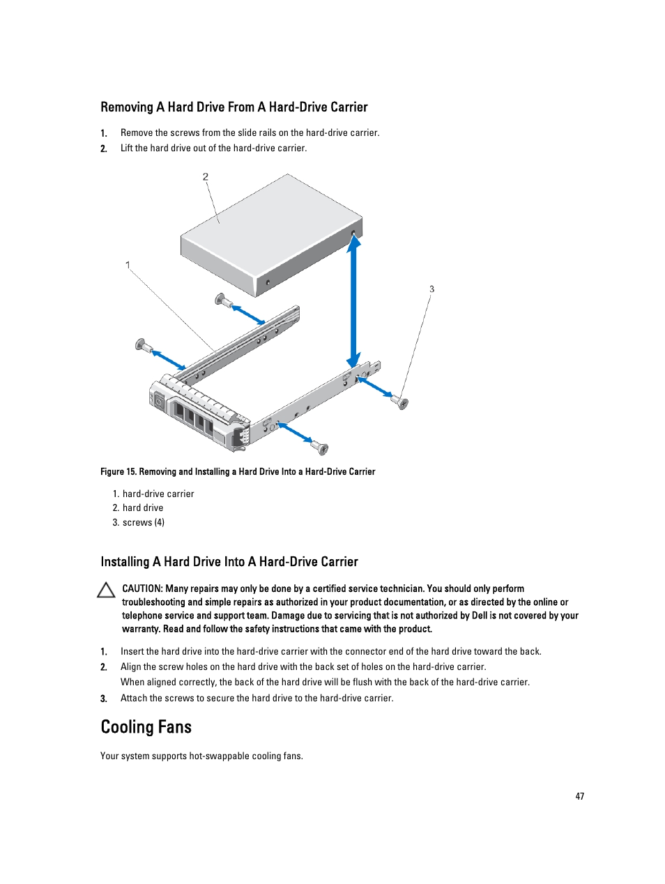 Removing a hard drive from a hard-drive carrier, Installing a hard drive into a hard-drive carrier, Cooling fans | Dell PowerVault DX6112 User Manual | Page 47 / 125