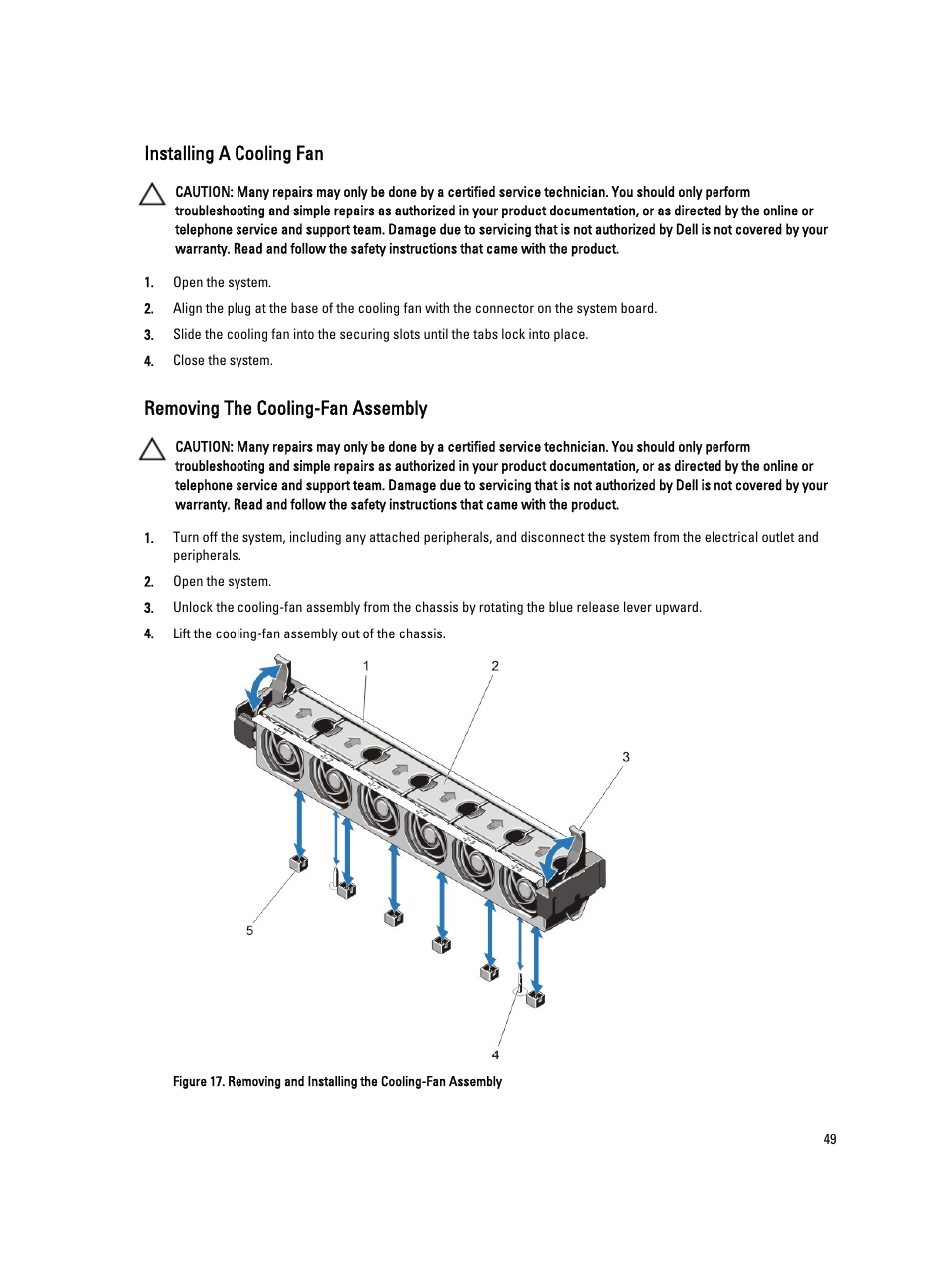 Installing a cooling fan, Removing the cooling-fan assembly | Dell PowerVault DX6112 User Manual | Page 49 / 125